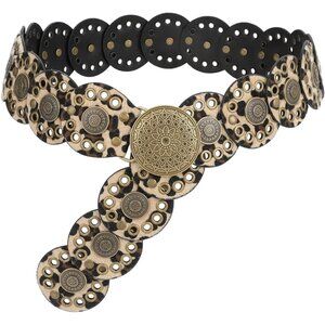 Women Vintage Disc Waist Concho Leather Belt Boho Waist Belt Leopard Bronze